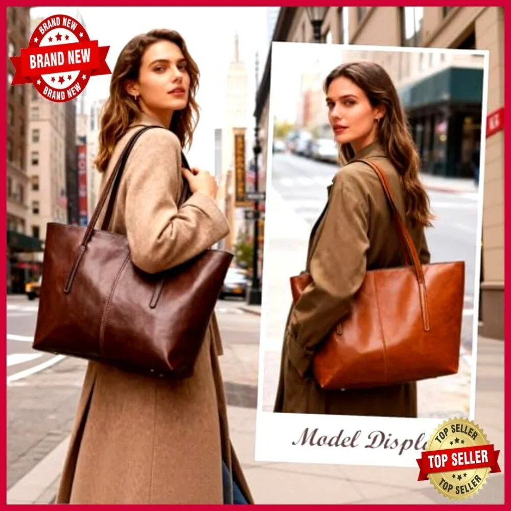 Large Genuine Leather Tote Bag with Top Handle and Shoulder Strap